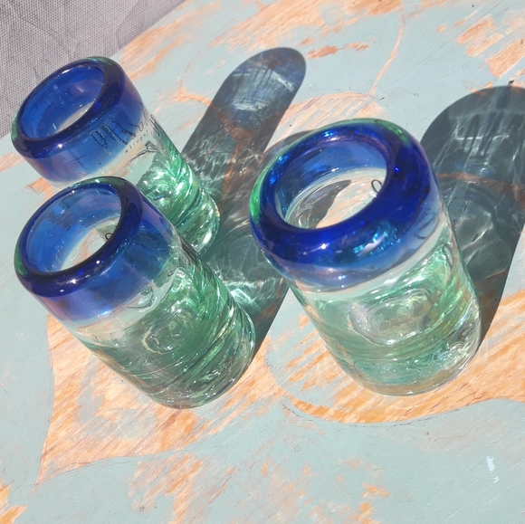 3 Art Glass Hand Blown Shot Glasses Handmade Colored Bubble Glass Blue Green - Picture 5 of 10